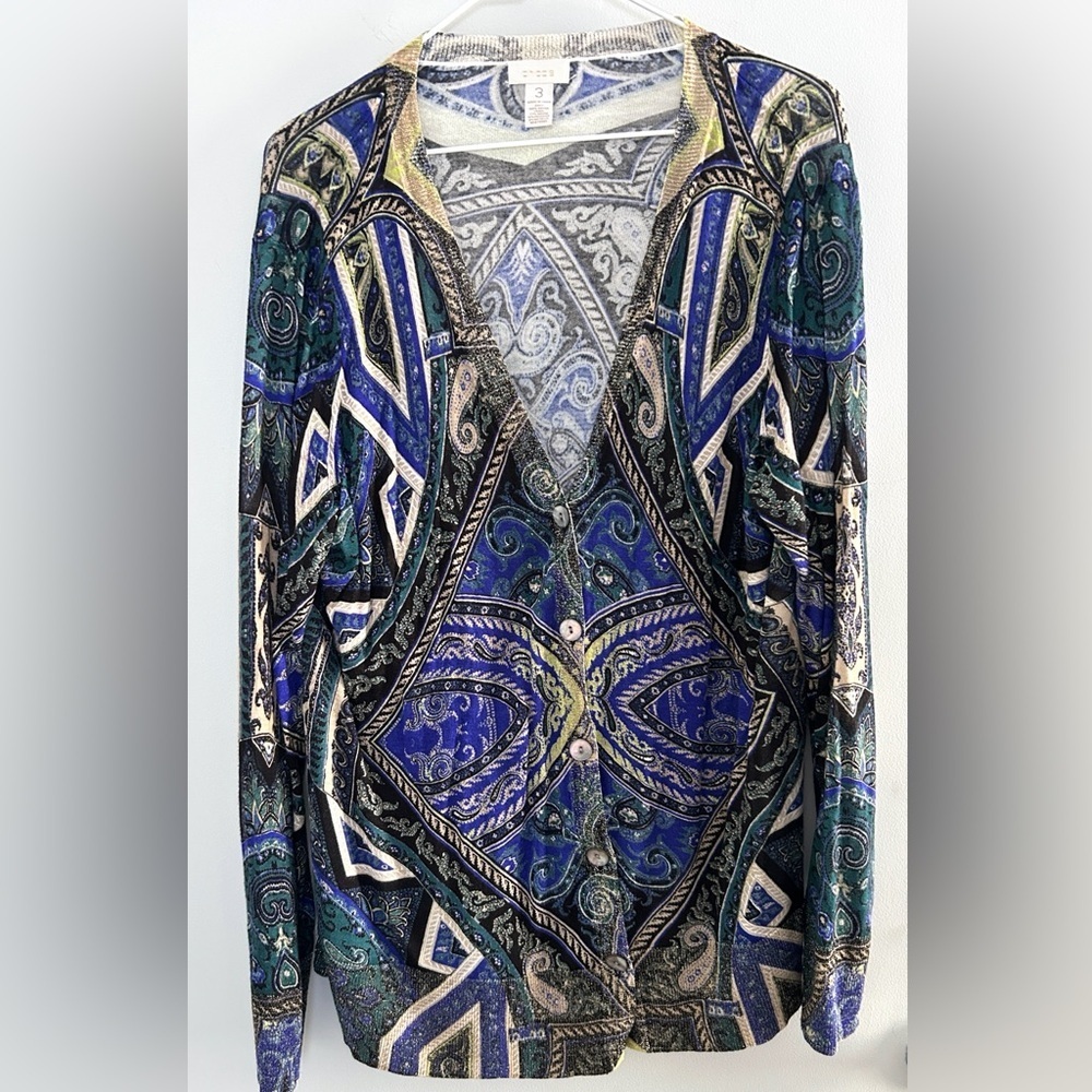 Chico’s Artsy Open Front Cardigan Abstract Mosaic Print Size 3